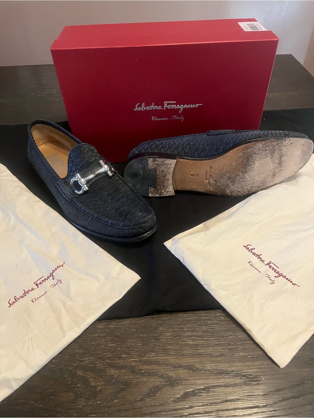 Salvatore Ferragamo Navy Textured Leather Bit Loafers